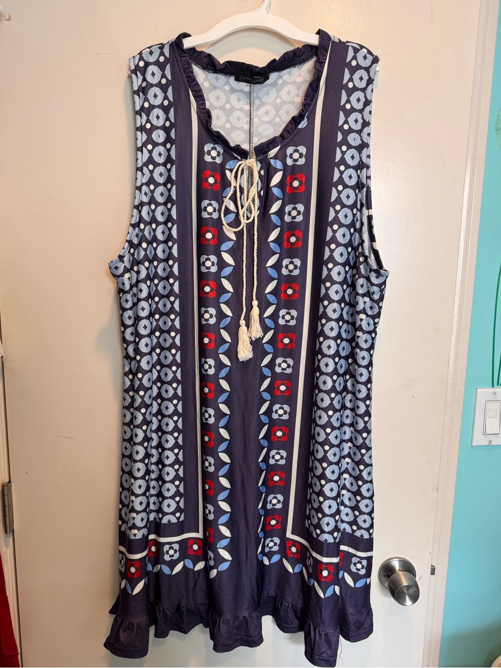 Navy Boho Floral Tassel Sleeveless Dress 3X